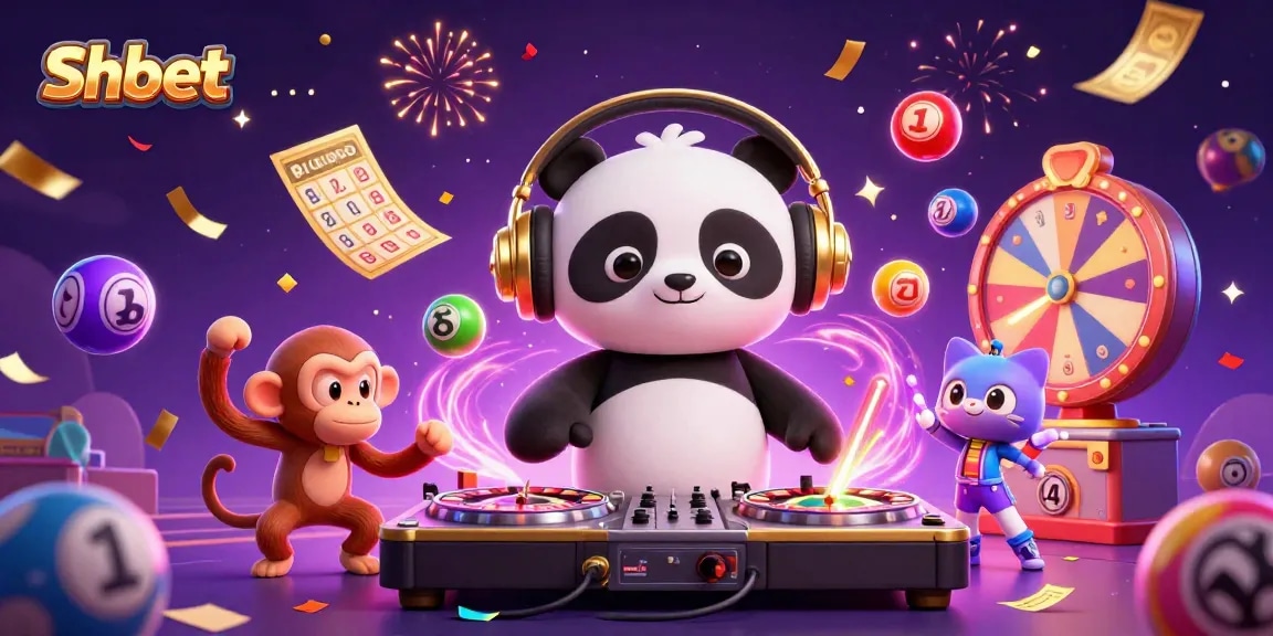 Engage with Shbet's vibrant gambling scene featuring a DJ panda and dynamic characters.