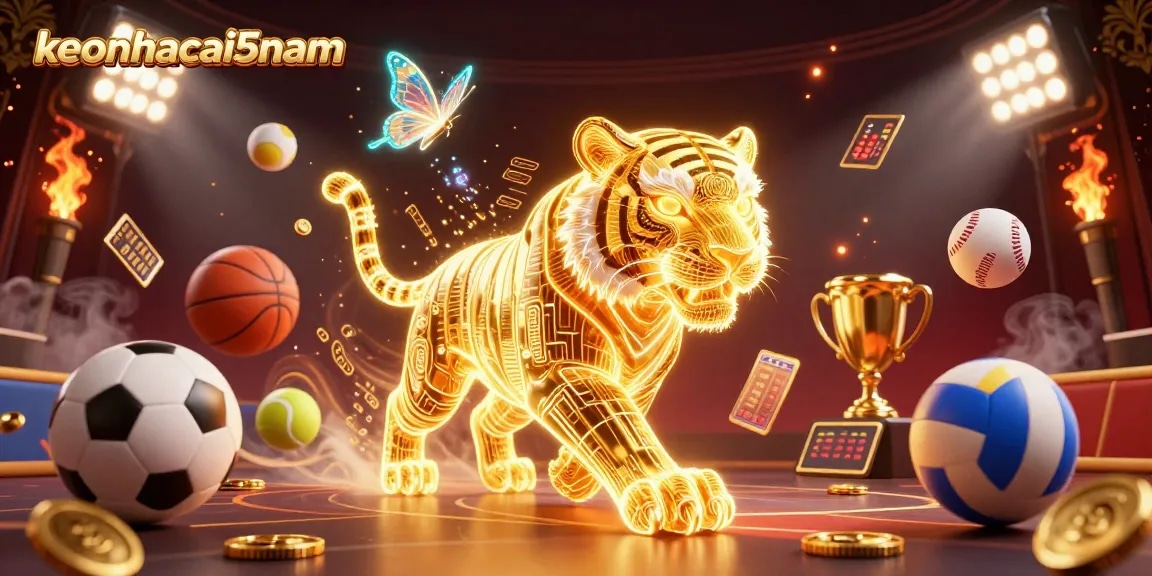Experience keonhacai5nam with a vibrant, dynamic casino atmosphere featuring a golden tiger and sports elements.