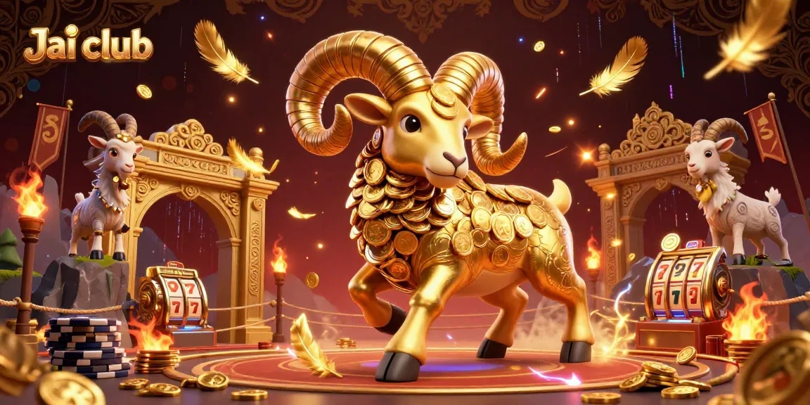 Engage in thrilling slots at Jai club, featuring a 3D golden ram amidst dazzling casino elements.