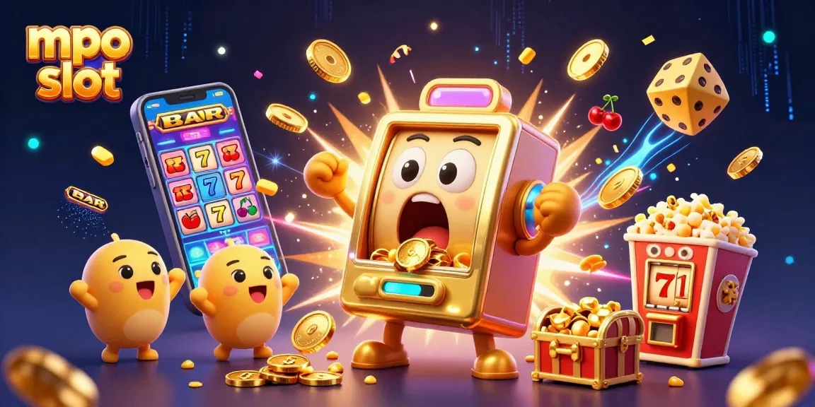 Spin to win with mpo slot as the golden slot machine celebrates a jackpot with cheering mini slot machines!