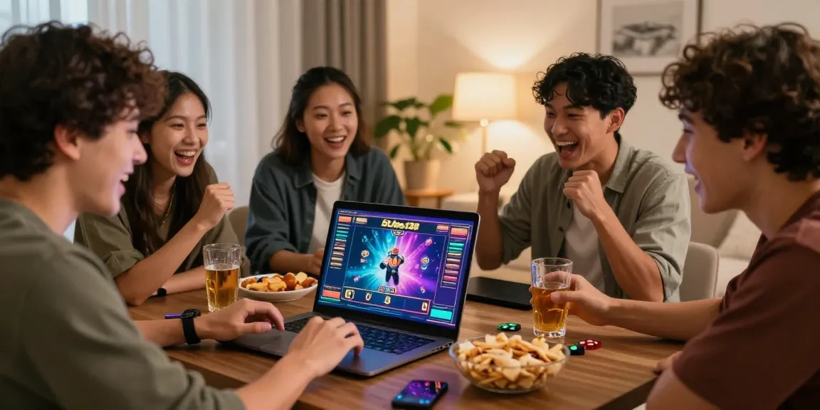 Diverse friends enjoying online betting excitement on situs bro138 with snacks and games in a cozy room.