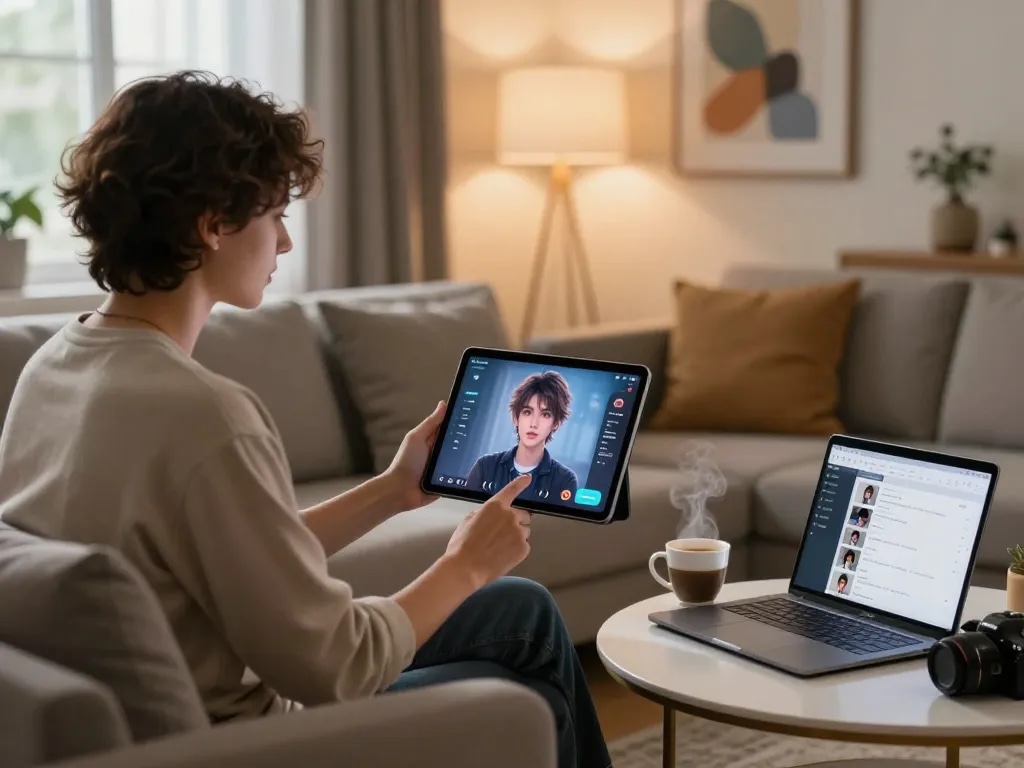 Interactive session with a digital NSFW AI character on a tablet in a cozy home setting, showcasing a personalized engagement experience.