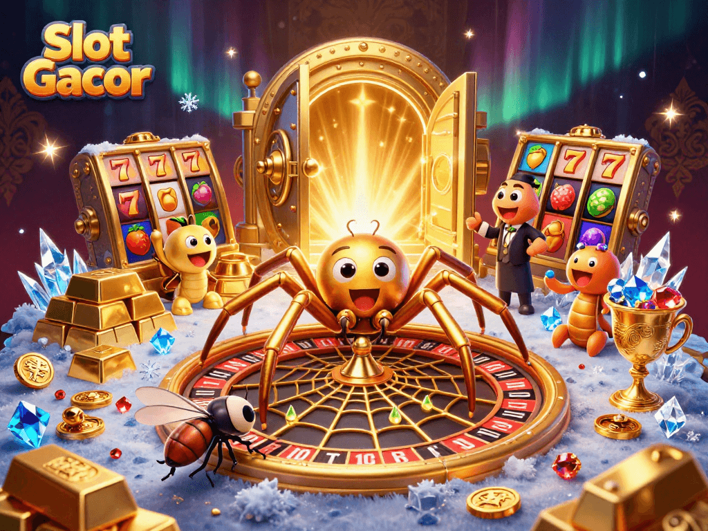 Spin the reels with Slot Gacor in an engaging 3D casino scene featuring vibrant characters.