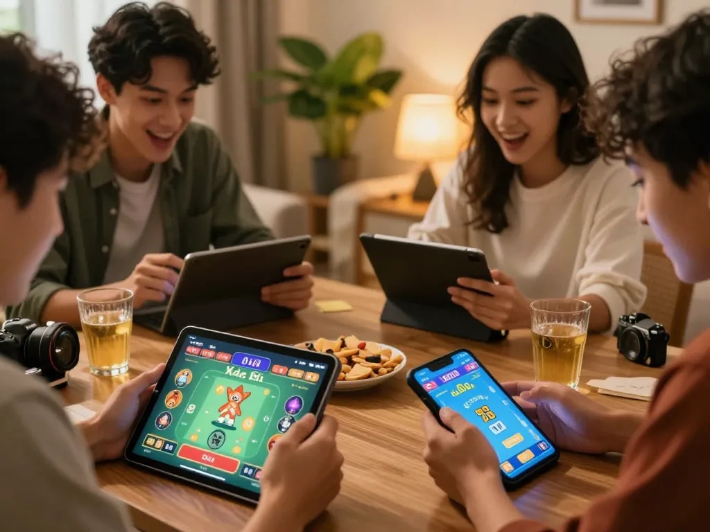 Xóc đĩa online game being played on tablets with friends enjoying a lively atmosphere.