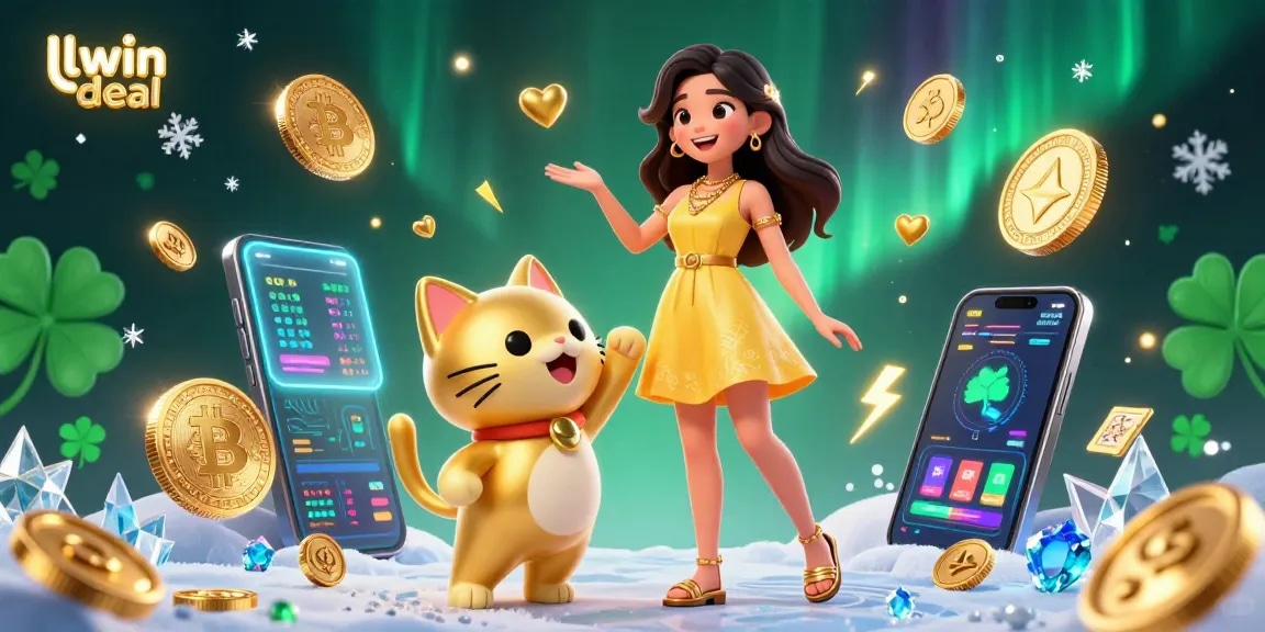 Engage with llwin deal's vibrant atmosphere featuring an Asian woman with a lucky cat amidst golden coins and crypto elements.