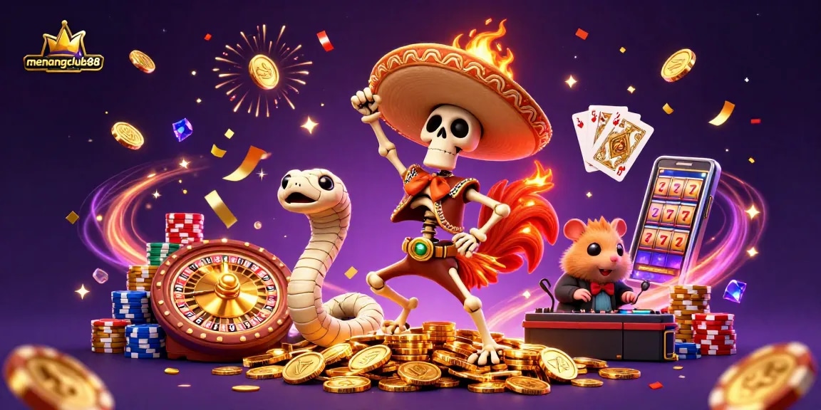 Win big with menangclub88 featuring 3D characters dancing on coins, vibrant gaming elements.
