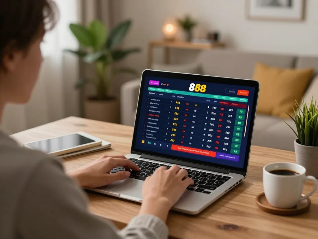 Engaging fun88 sports betting action on a laptop in a cozy home office.