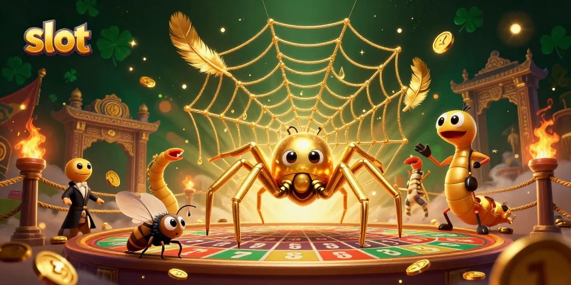 Spin the slot machine in a vibrant scene with golden spider, centipede croupier, and rich gambling elements.