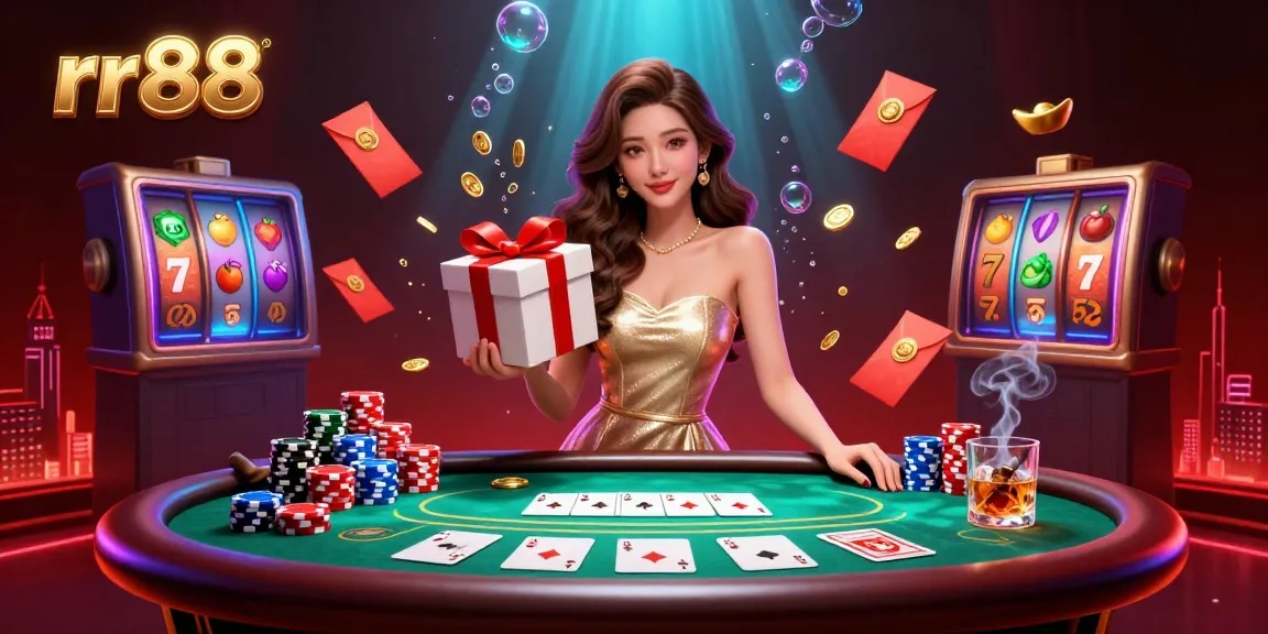 Experience winning moments at rr88 with a stunning 3D illustration celebrating casino games and festive rewards.