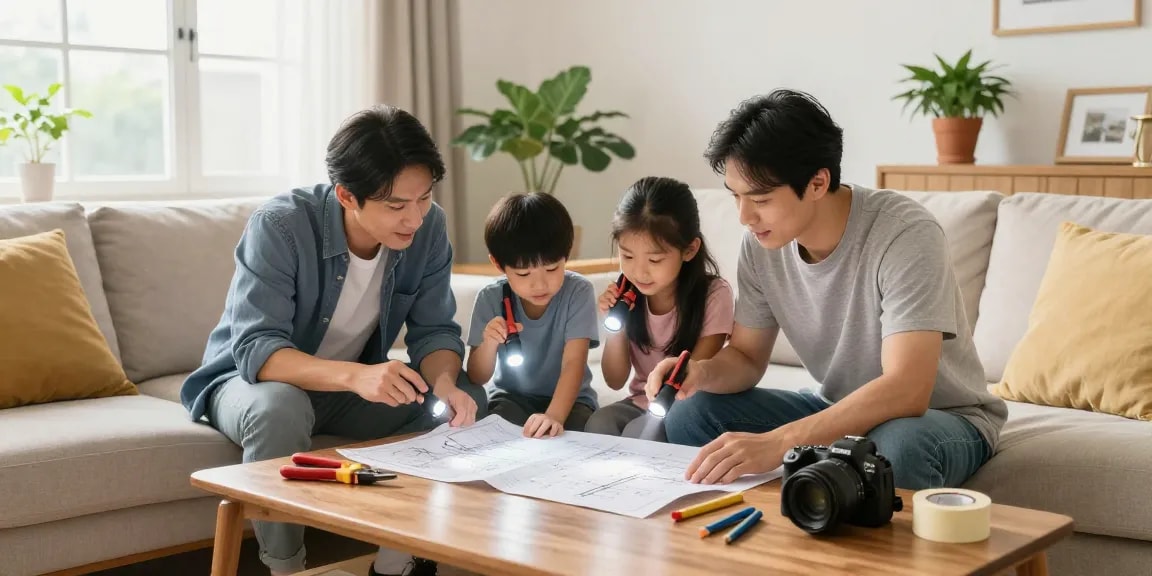 Residential electrical infrastructure upgrade planning with a family discussing blueprints in a cozy living room.