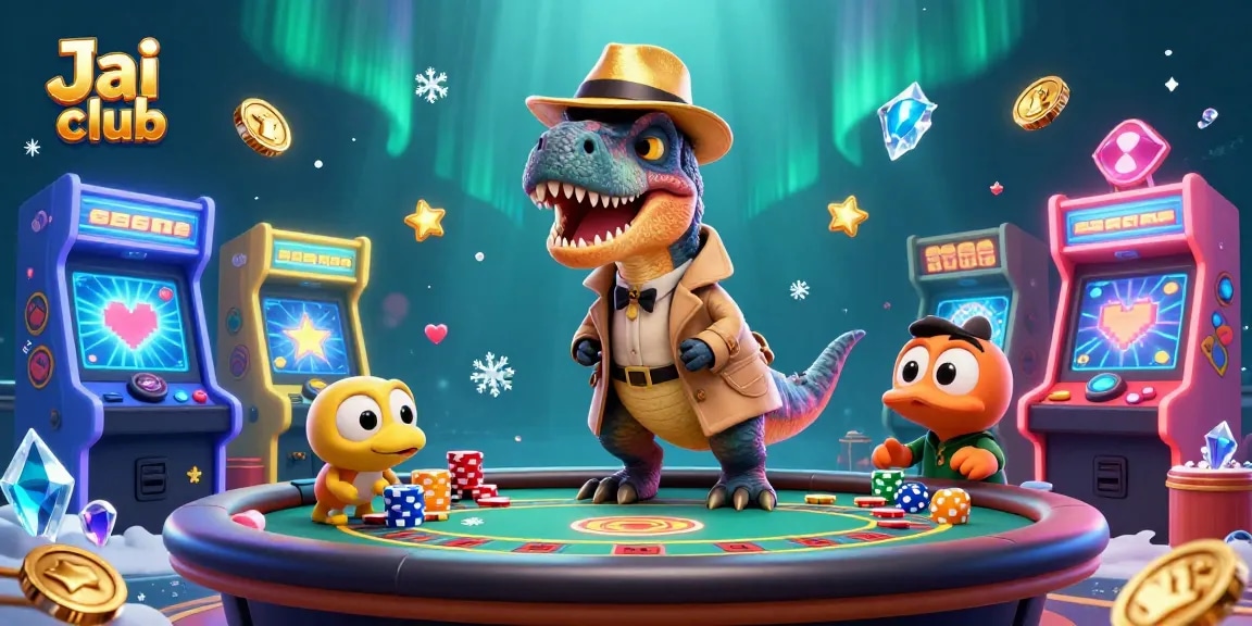Engage in Jai club gaming with a cartoon velociraptor at a blackjack table amidst colorful arcade themes.