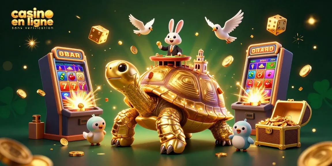 Jouer dans un casino en ligne sans vérification avec une tortue dorée géante et un croupier lapin.