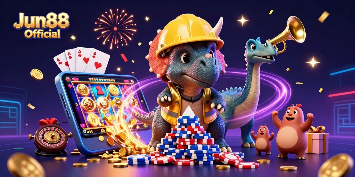 Celebrate with Jun88 Official as a triceratops builds poker chip pyramid amidst casino excitement.
