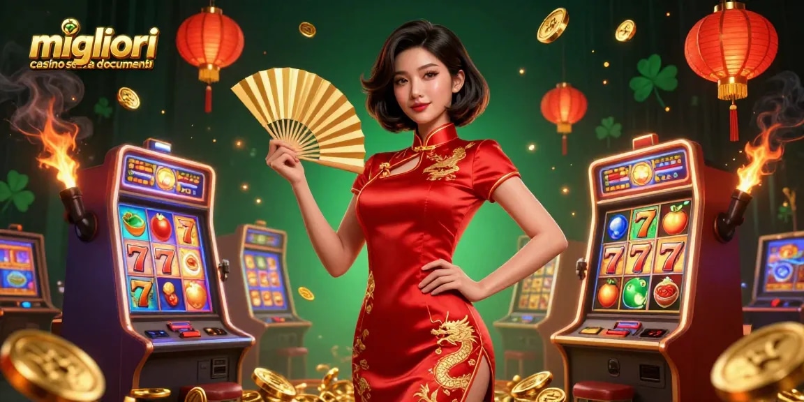 Migliori casino senza documenti illustrati con una donna asiatica in abiti vivaci, circondata da slot machine e monete d'oro.