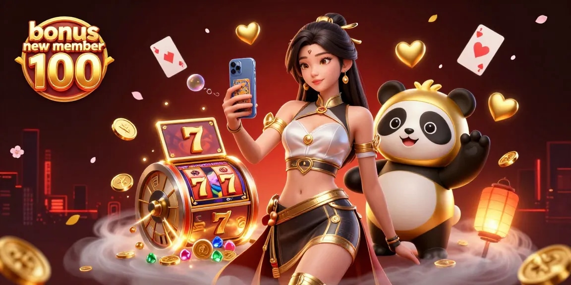 Engage with the exciting bonus new member 100 while enjoying a vibrant slot game scene with animated characters.