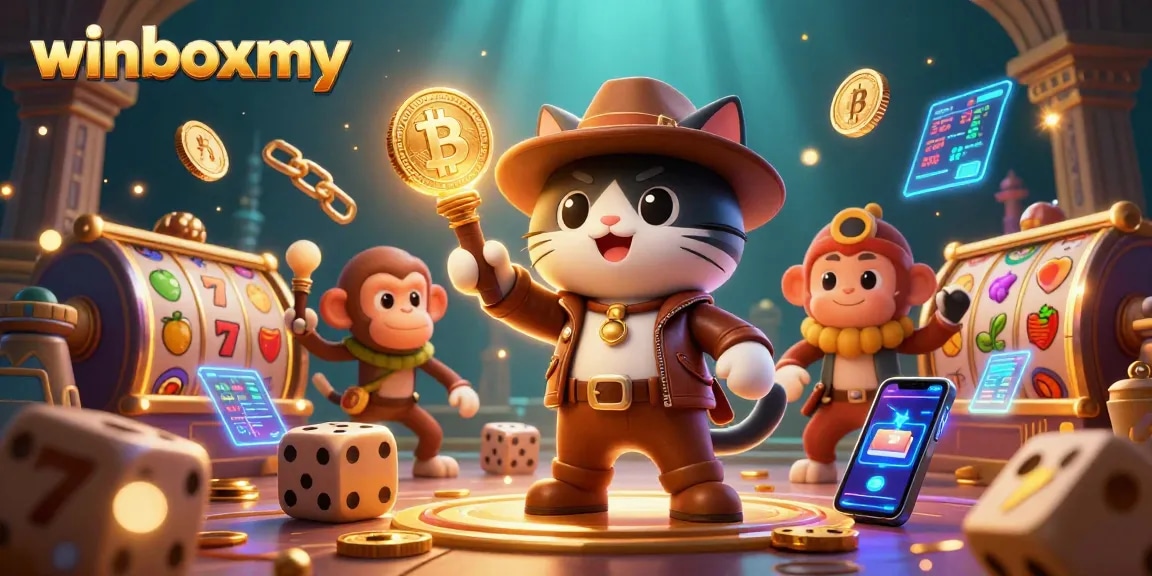 WinboxMY cat explorer finding casino artifacts with vibrant slot reels in an exciting 3D illustration.