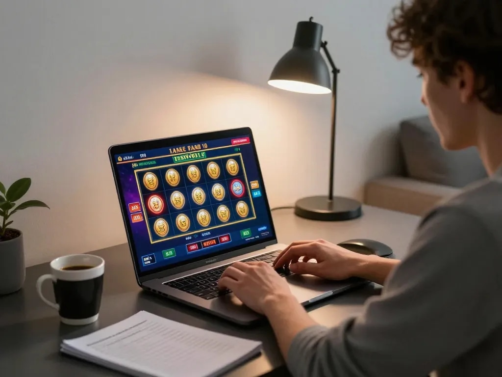 Engaging scene of online slot gaming on a laptop showcasing situs gacor with strategic notes and coffee nearby.