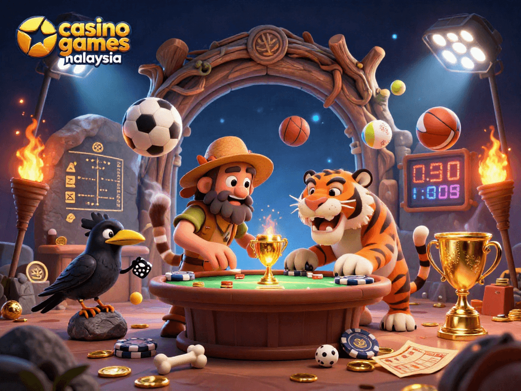 Participate in engaging casino games malaysia with a lively prehistoric casino scene filled with exciting activities.