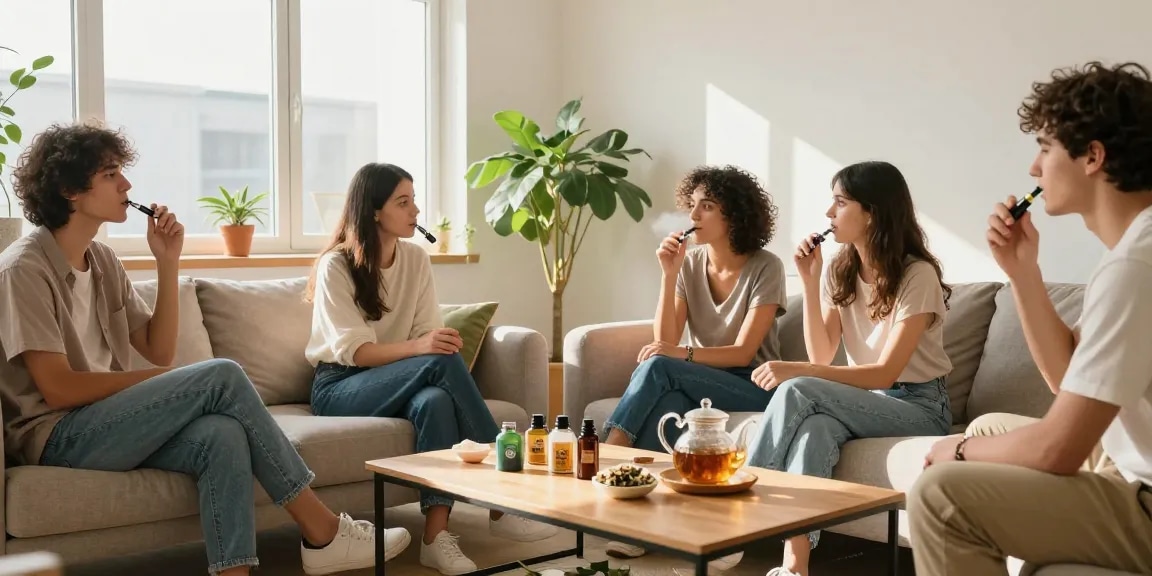 packman vape device and CBD oil set in a cozy living room, showcasing natural wellness and organic products.