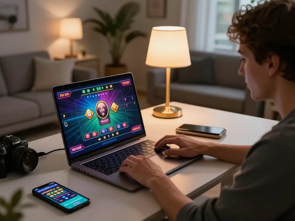 Engaging online gambling moment with 388bet on a laptop, capturing excitement and strategy