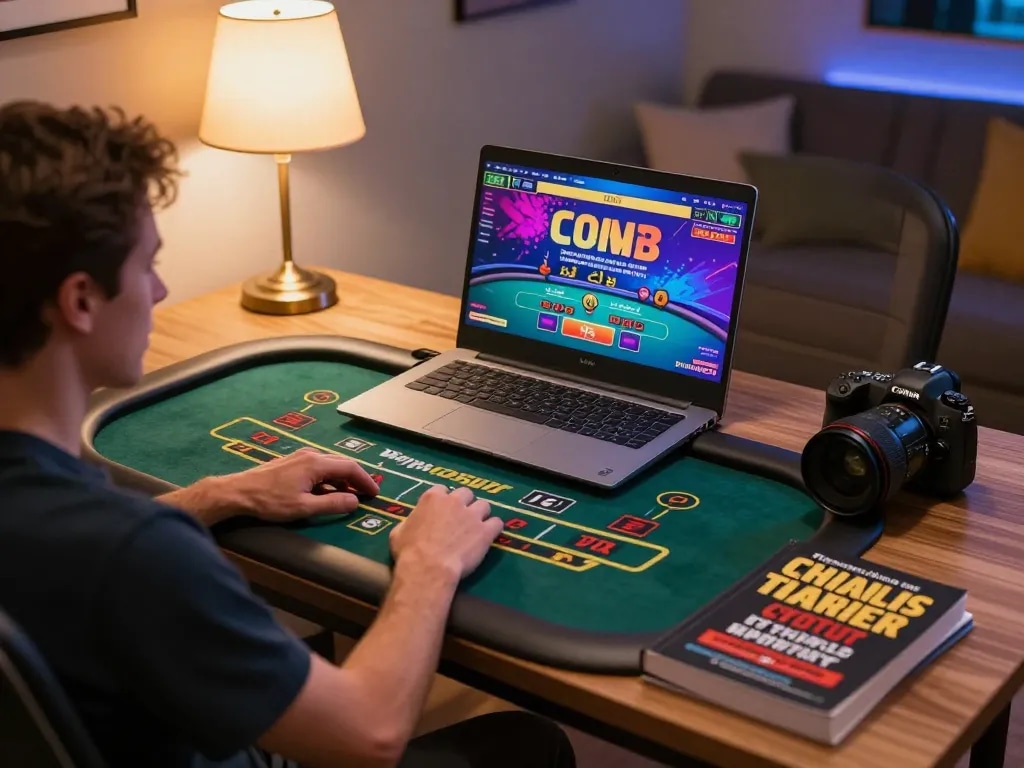 Player strategizing at home with laptop on live blackjack at a casino, showcasing 3win actor.
