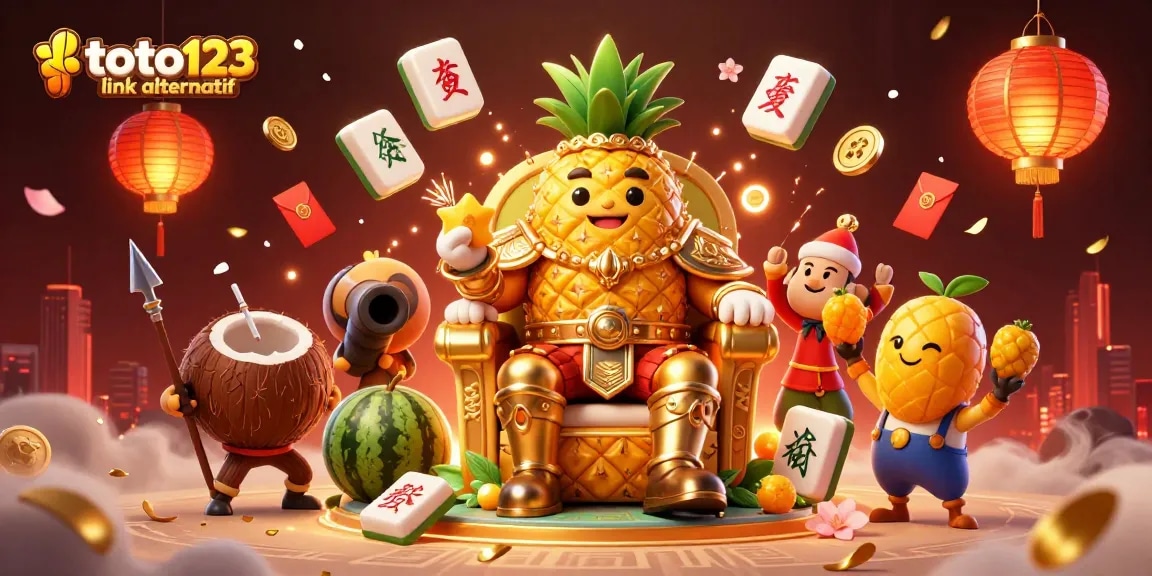 Toto123 link alternatif showcases a vibrant casino scene with a golden pineapple king and festive elements.