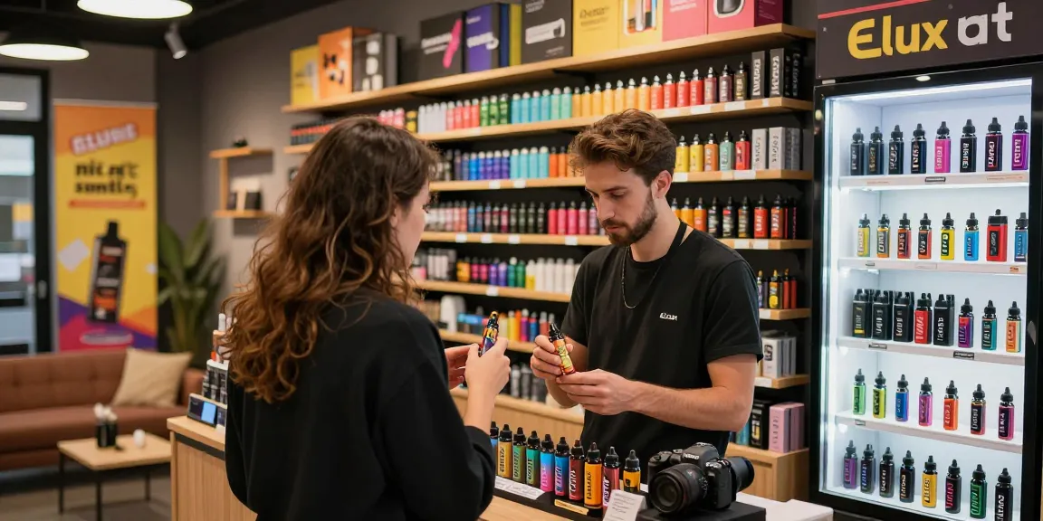 Customer exploring Elux nic salt options in vibrant vape shop, showcasing popular e-liquids and vape kits.