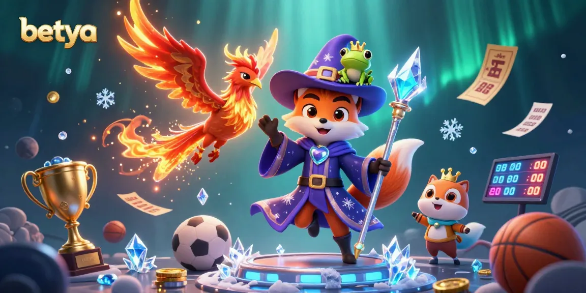 Betya sports betting illustration featuring a wizard fox and phoenix with dynamic sports elements.