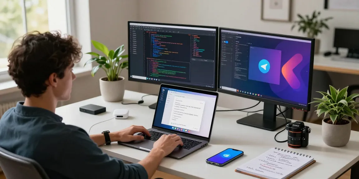 Developer using telegram中文版 in a modern workspace with dual monitors and a relaxed atmosphere