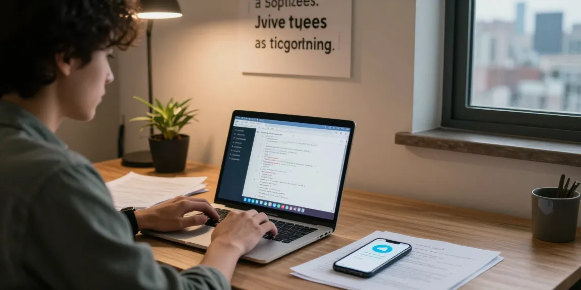 Developer using 纸飞机中文版 on laptop in modern workspace with tech elements and city view.
