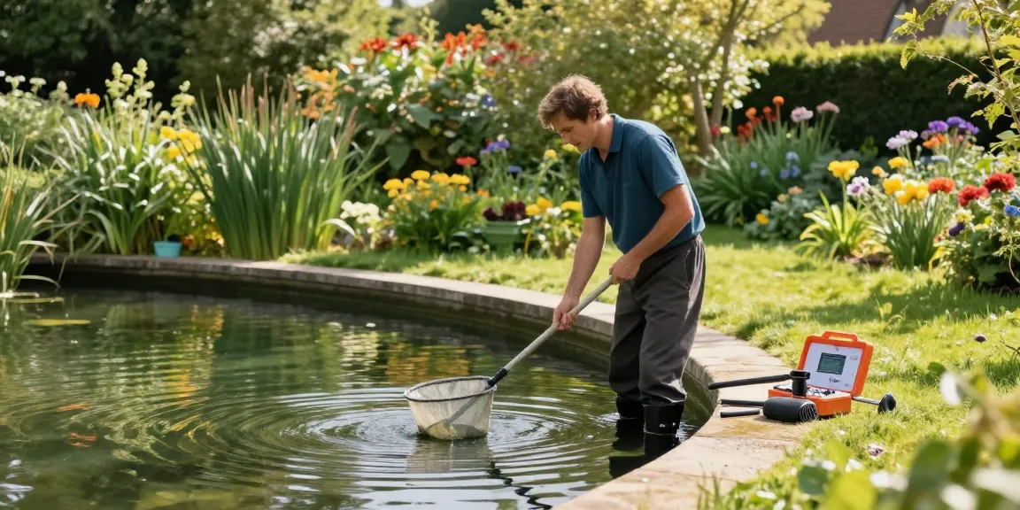 Professional Pond Cleaning Sussex with expert maintaining clear water surrounded by nature.