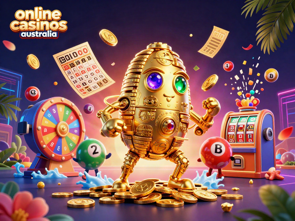 Engage with online casinos Australia through vibrant graphics showcasing a golden coin golem.