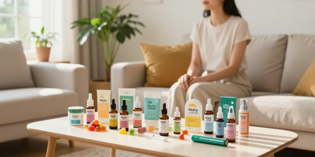 Muha CBD products displayed in a bright living space, promoting natural wellness.