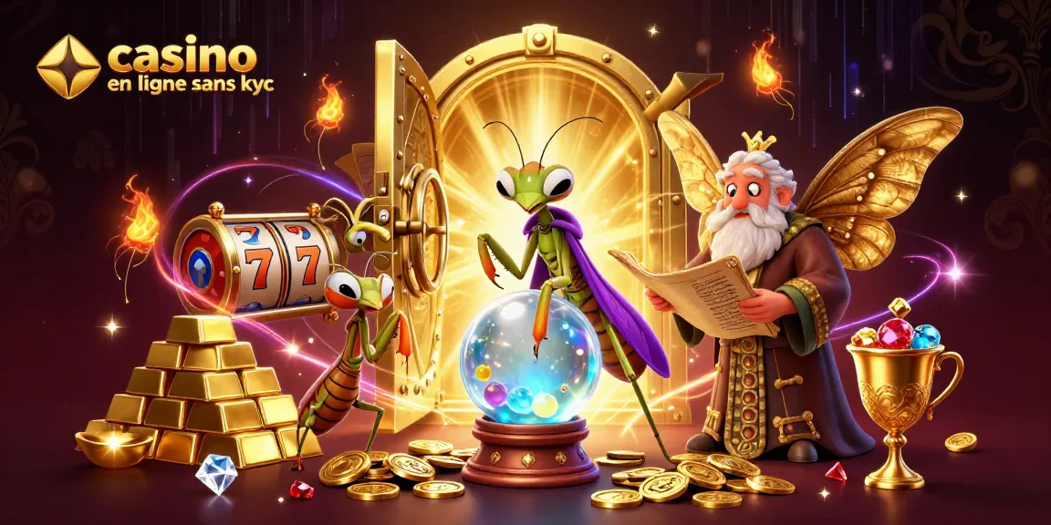 Jouez dans un casino en ligne sans KYC avec des jackpots et des fortunes comme arrière-plan vibrant.