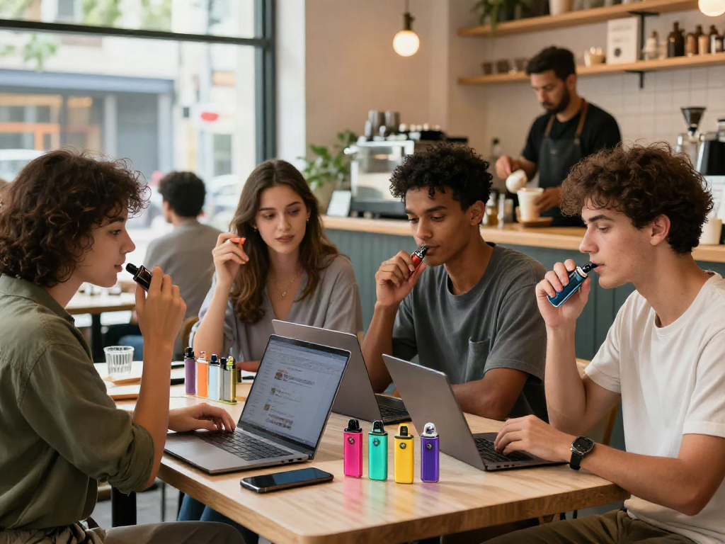 Buy disposable vapes online showcased with diverse shoppers at a café table, highlighting modern vaping culture.