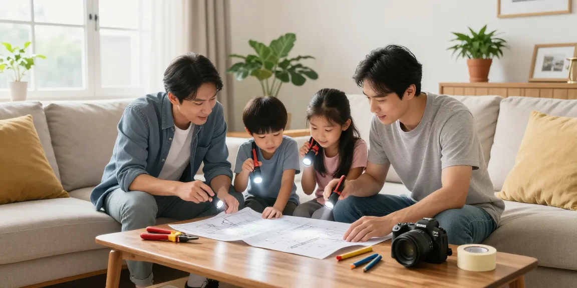 Residential electrical infrastructure upgrade planning with a family discussing blueprints in a cozy living room.