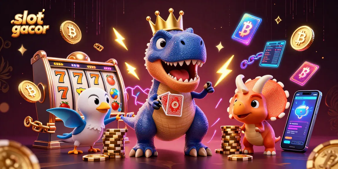 Engaging slot gacor-themed illustration with a friendly T-Rex shuffling cards alongside a pterodactyl and a triceratops stacking chips.