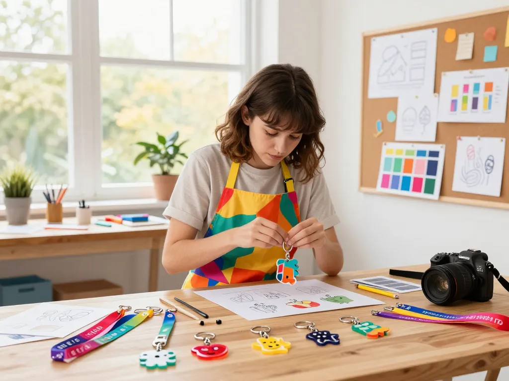 Custom lanyard keychain creation process in a vibrant studio with colorful charms and materials.