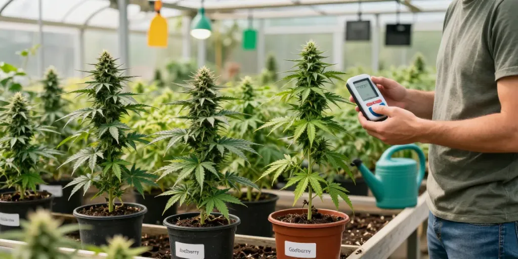 Regular cannabis genetics plants in greenhouse with grower inspecting vibrant crops.