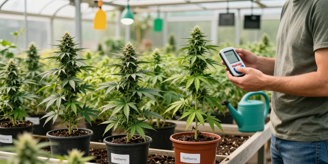 Regular cannabis genetics plants in greenhouse with grower inspecting vibrant crops.