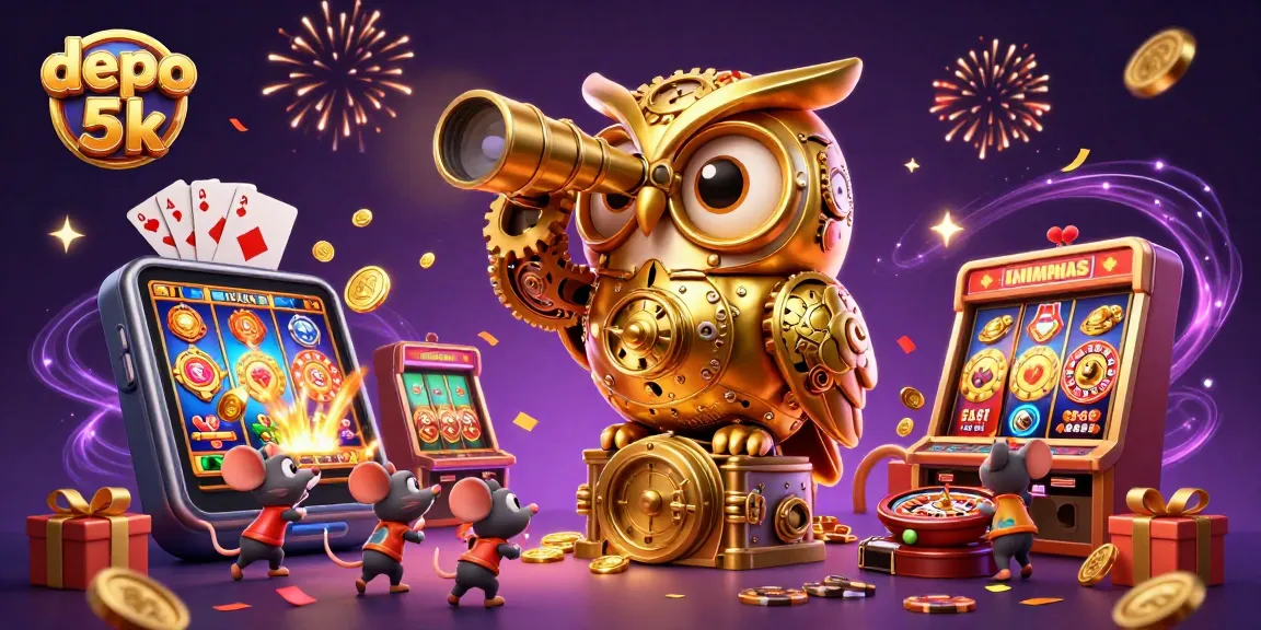 Spin and win at depo 5k with a dynamic casino scene featuring an owl and lucky charms.