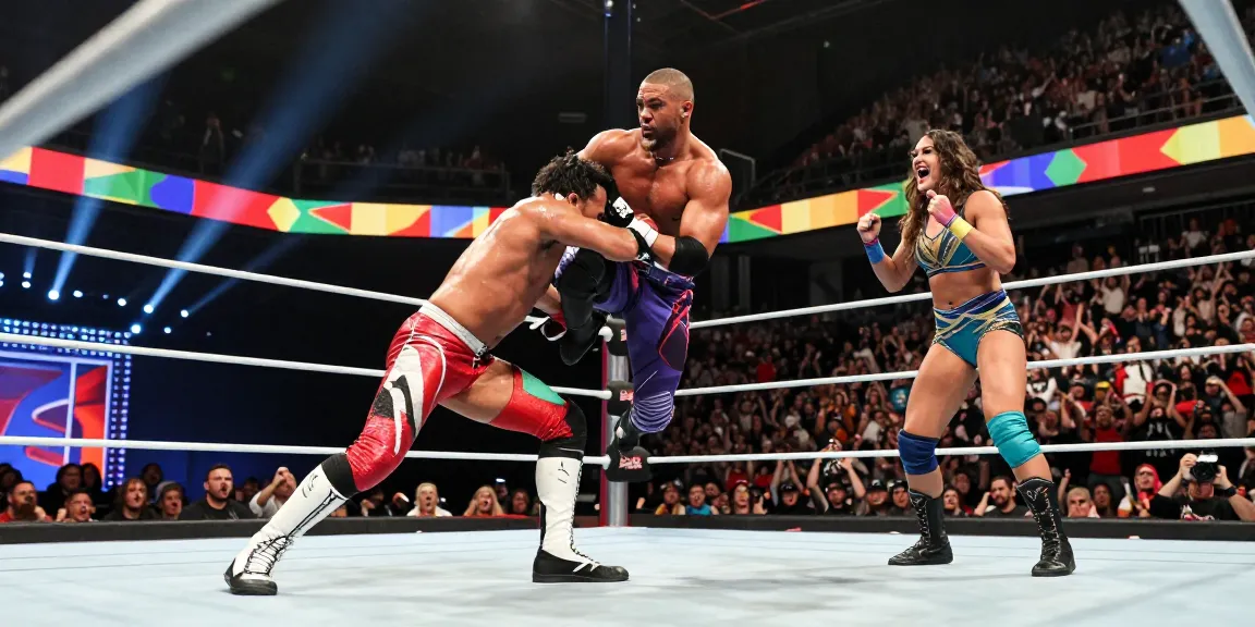 Xavier Woods and Paige in an intense wrestling match, showcasing action in the ring.