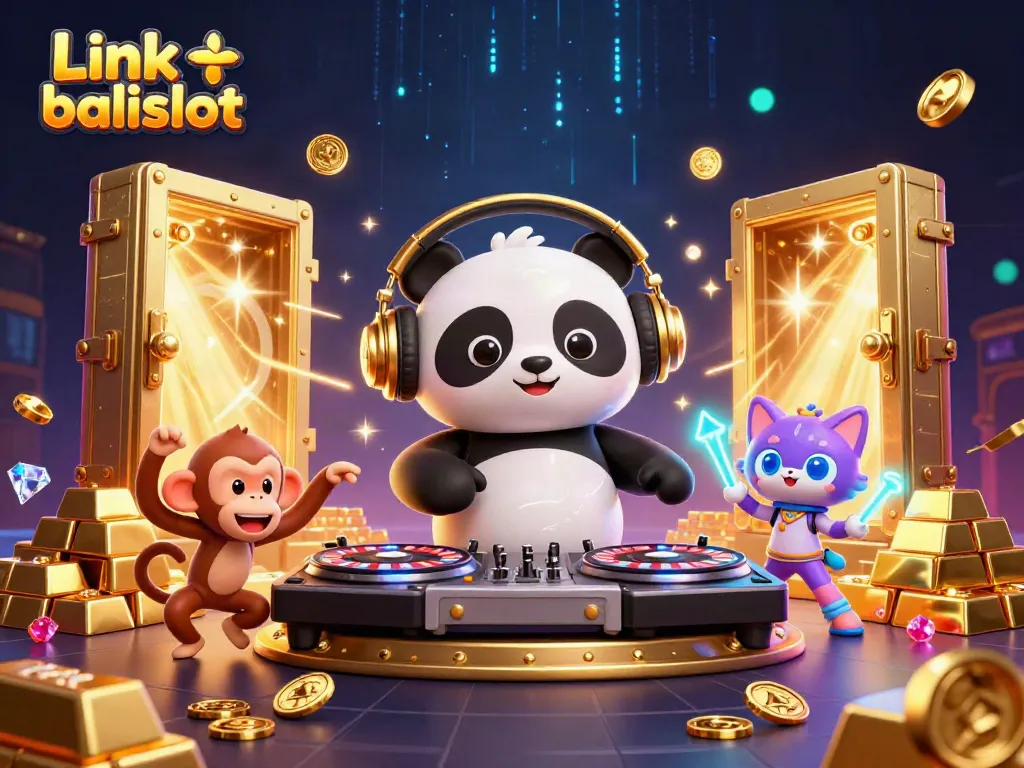 Engage with Link balislot in an energetic casino-themed digital illustration featuring playful 3D characters.
