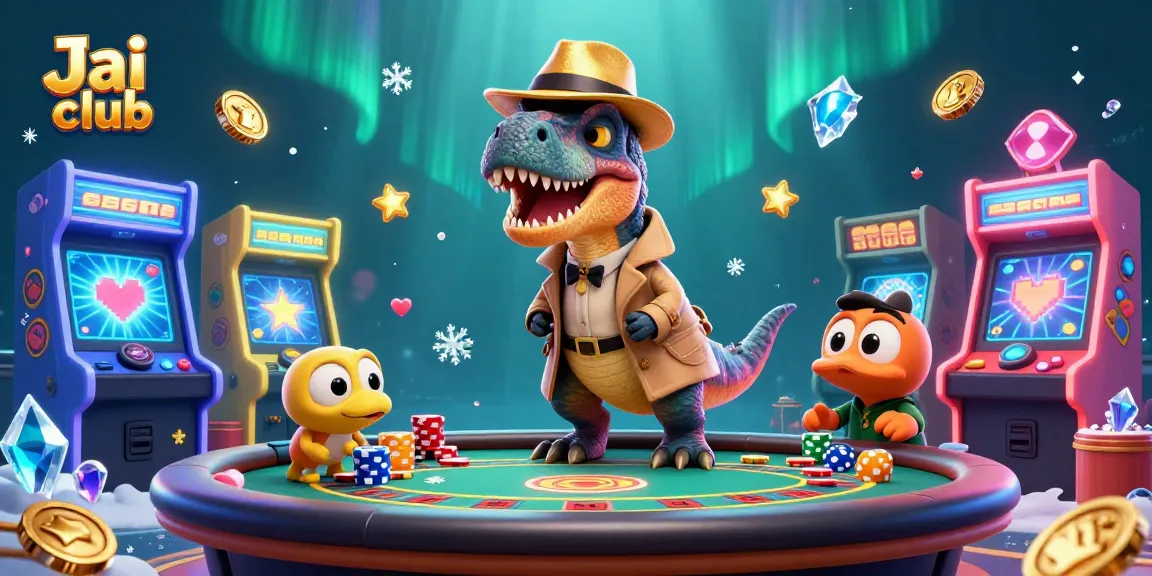 Engage in Jai club gaming with a cartoon velociraptor at a blackjack table amidst colorful arcade themes.
