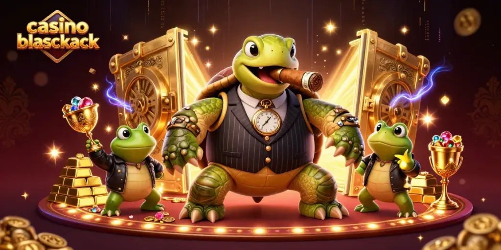 Disfruta casino blackjack con una tortuga de dibujos animados en un entorno de lujo lleno de tesoros.