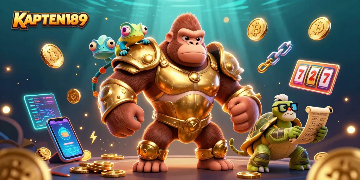 KAPTEN189 menawarkan permainan slot menarik dengan gorila raja dan karakter unik dalam ilustrasi kasino 3D.