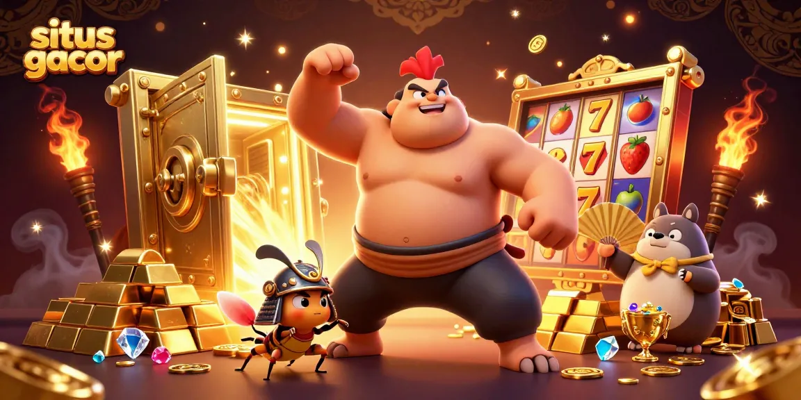Situs gacor showcases a vibrant 3D illustration with a powerful sumo wrestler rooster interacting with a samurai cricket in a dynamic casino scene.