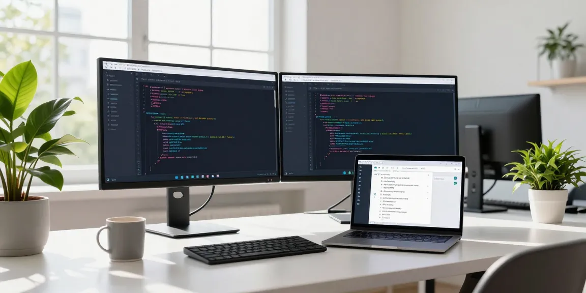 Professional workspace with developer coding Telegram中文版 on multiple screens, showcasing a modern tech environment.