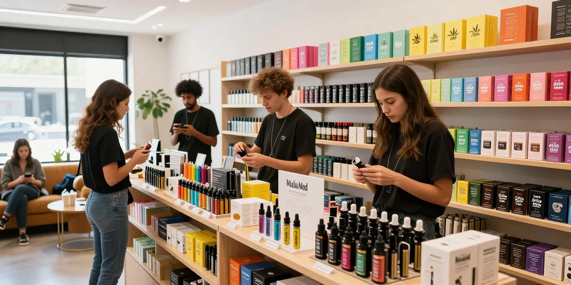 Customer discovering Muha Med products in a vibrant cannabis shop atmosphere.