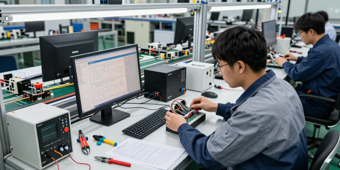 Engineer examining wire crimp connectors in advanced electronics assembly.